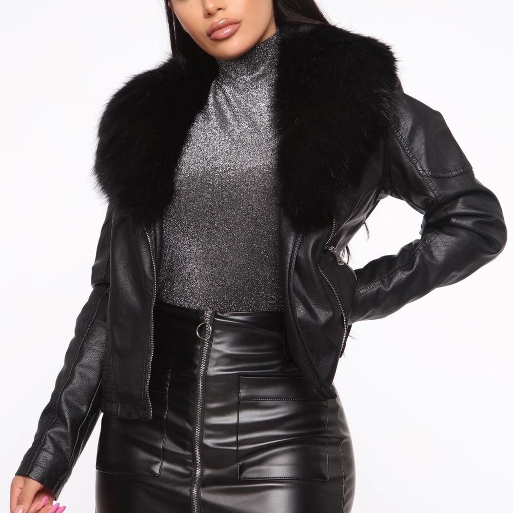 Black faux fur lined leather jacket